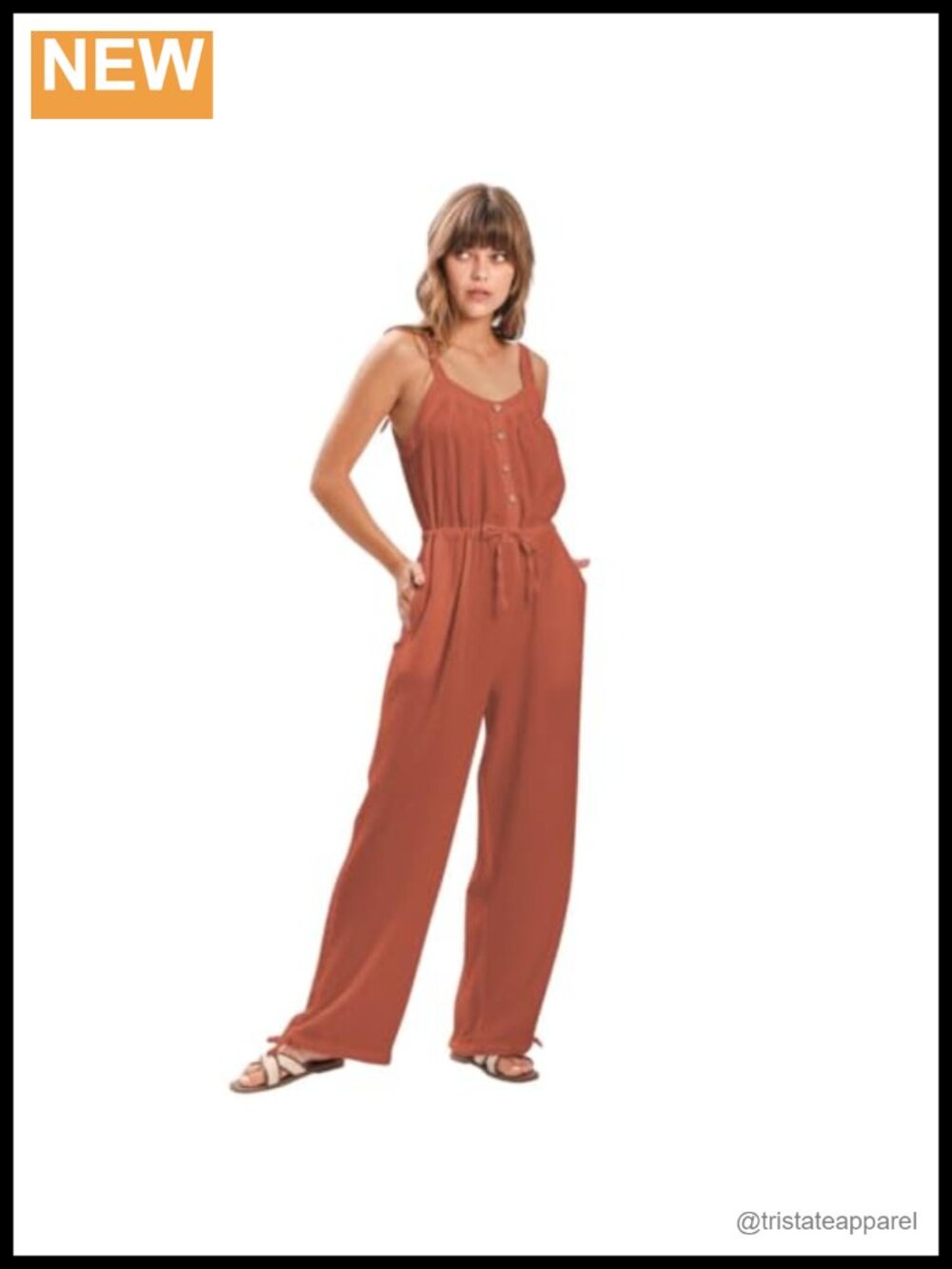Cotton Gauze Sleeveless Wide-Leg Jumpsuit Drawstring Waist Ankle Length